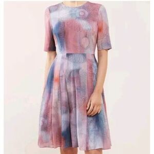Jigsaw Spiro Print Silk Dress 4 Pastel Pink Blue A-line Flowy Airy Romantic Tea